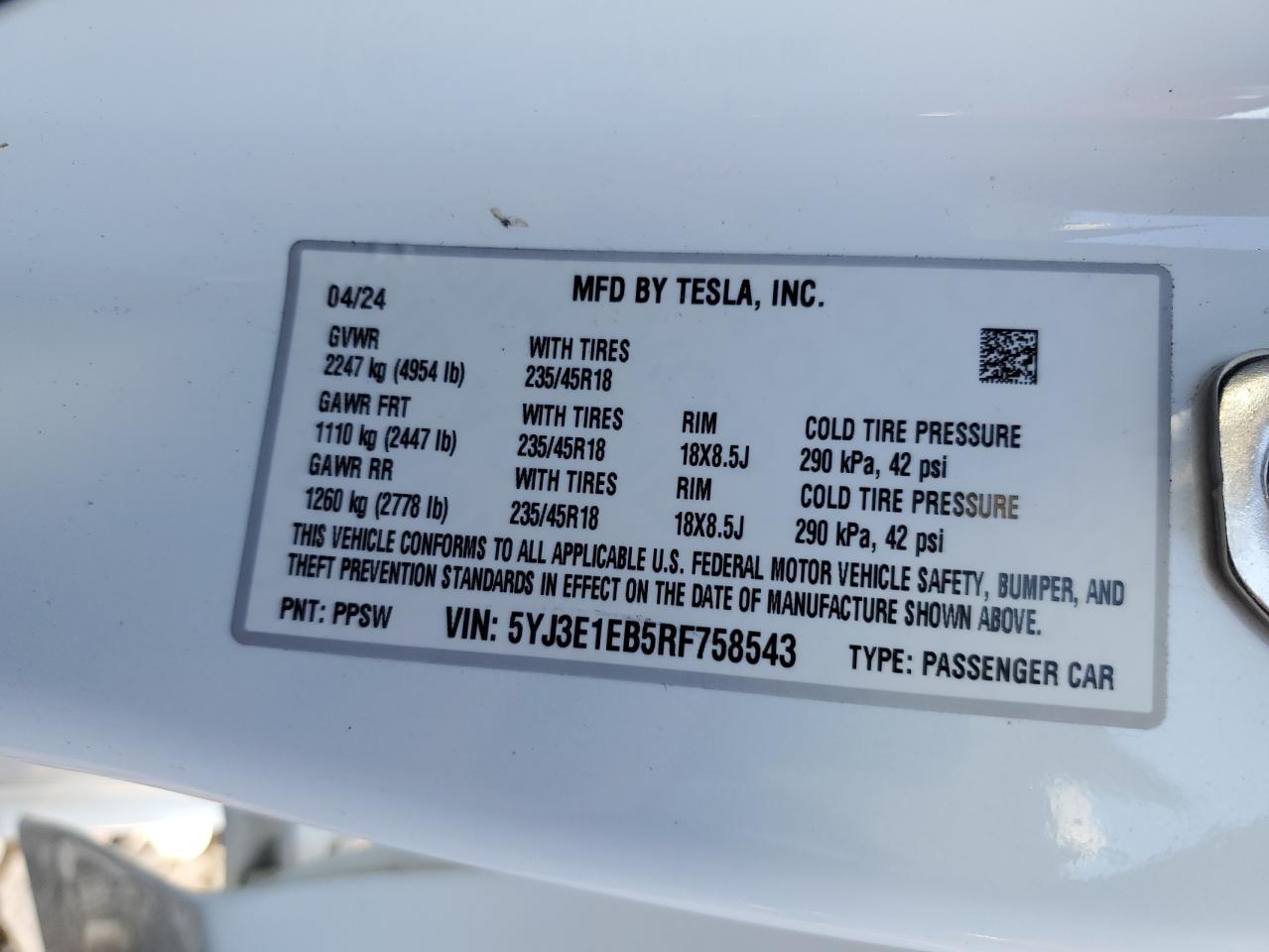 2024 Tesla Model 3 VIN: 5YJ3E1EB5RF758543 Lot: 86678325