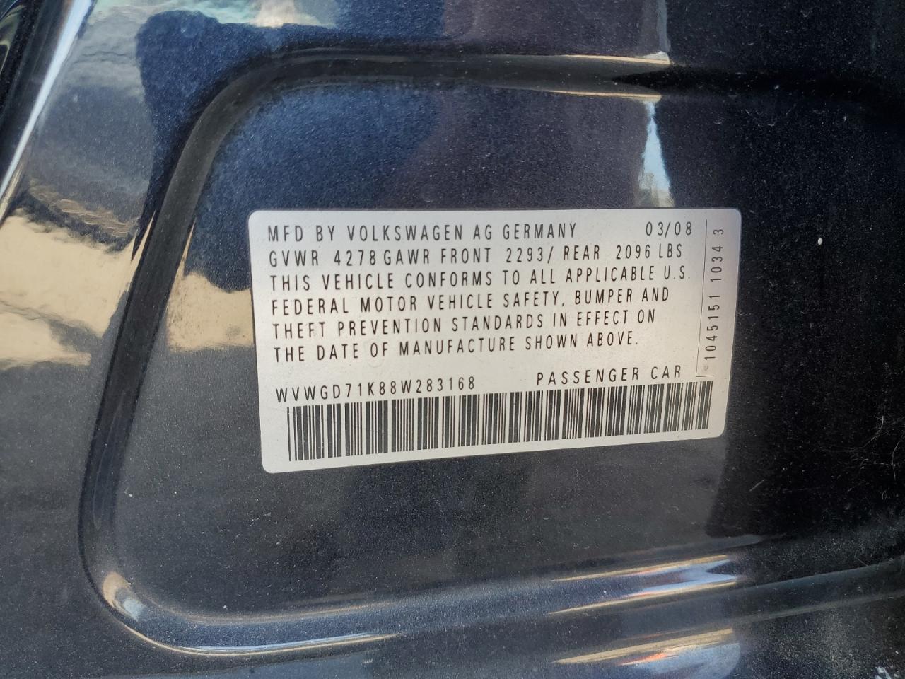 2008 Volkswagen Gti VIN: WVWGD71K88W283168 Lot: 85306685