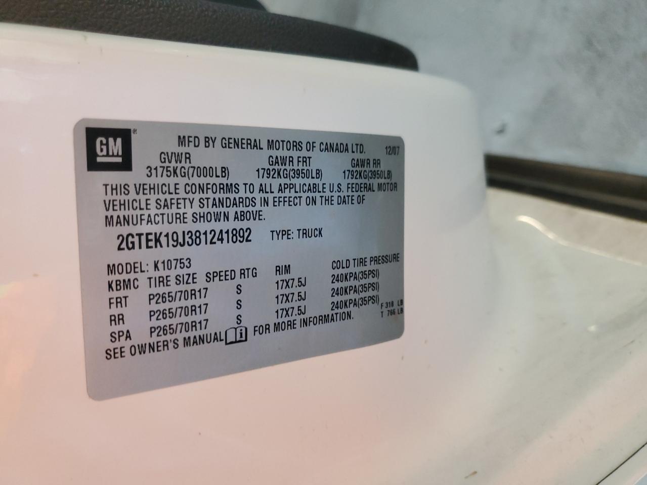 2008 GMC Sierra K1500 VIN: 2GTEK19J381241892 Lot: 84057085