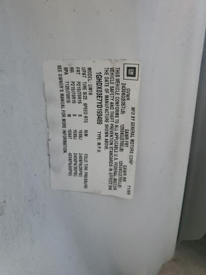 2000 Oldsmobile Silhouette VIN: 1GHDX03E7YD193489 Lot: 86493485