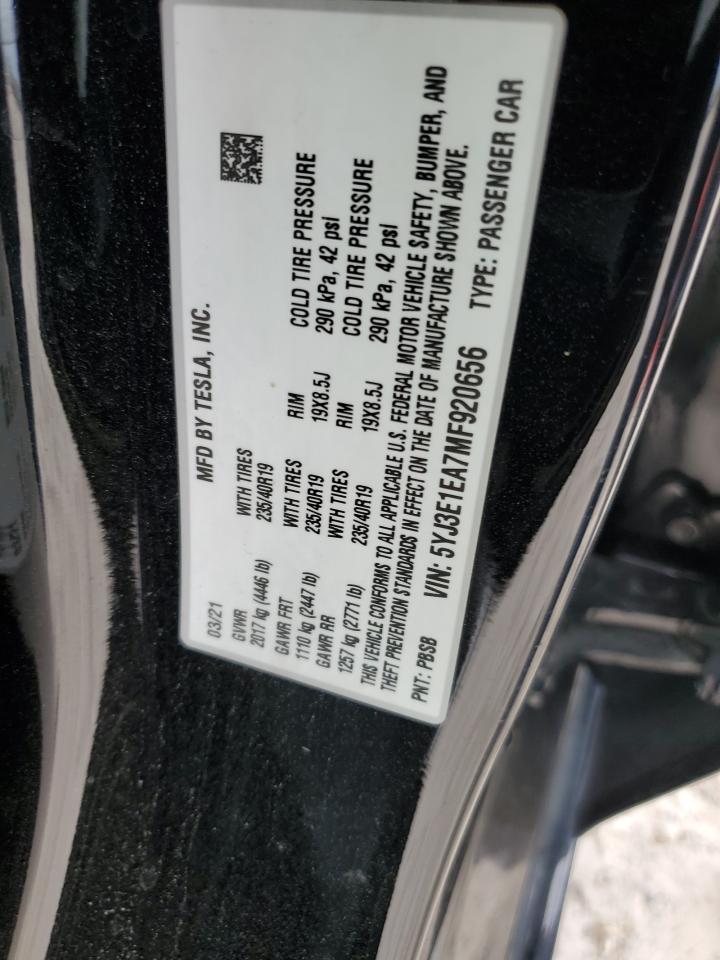 2021 Tesla Model 3 VIN: 5YJ3E1EA7MF920656 Lot: 87087695