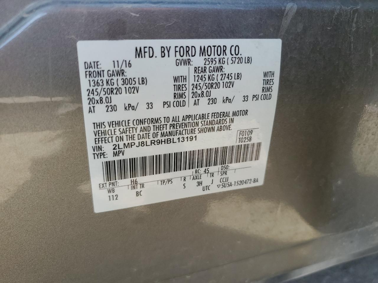 2017 Lincoln Mkx Reserve VIN: 2LMPJ8LR9HBL13191 Lot: 84911835