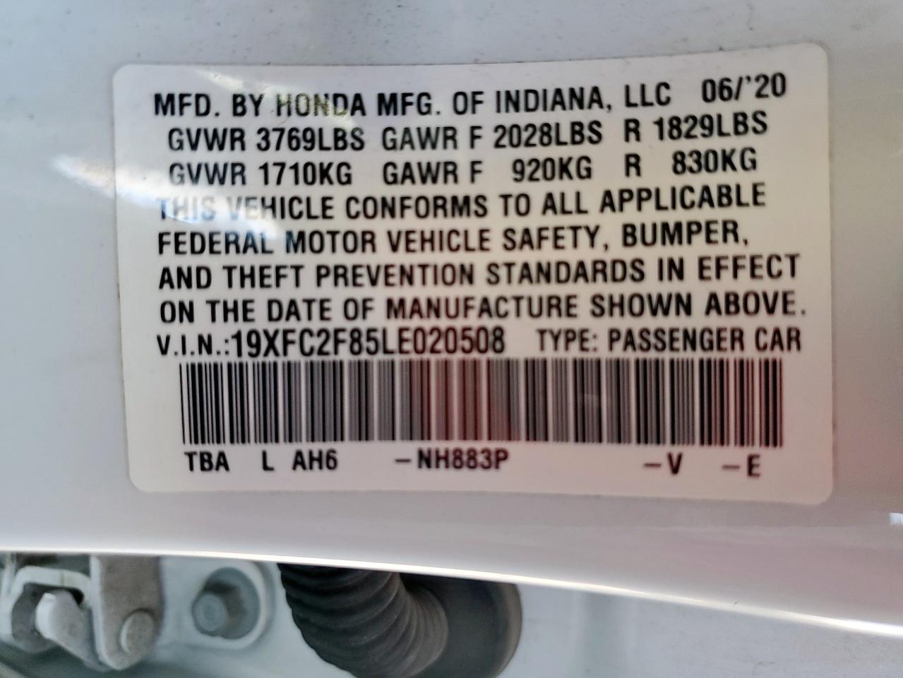 2020 Honda Civic Sport VIN: 19XFC2F85LE020508 Lot: 85905625