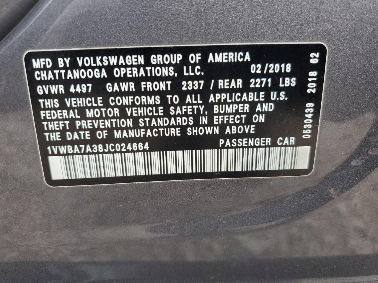 2018 Volkswagen Passat Se VIN: 1VWBA7A38JC024664 Lot: 85261645