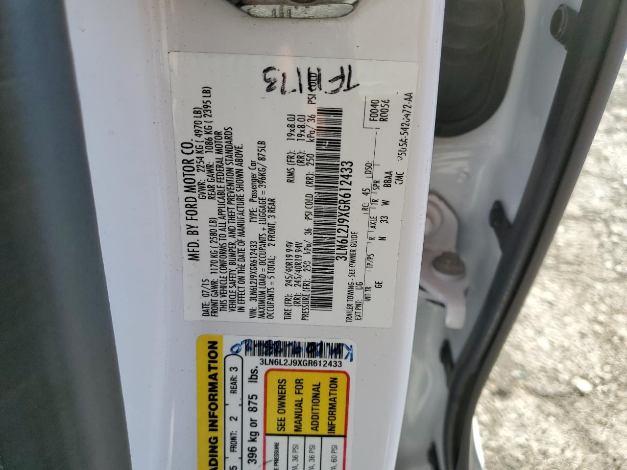 2016 Lincoln Mkz VIN: 3LN6L2J9XGR612433 Lot: 82299205