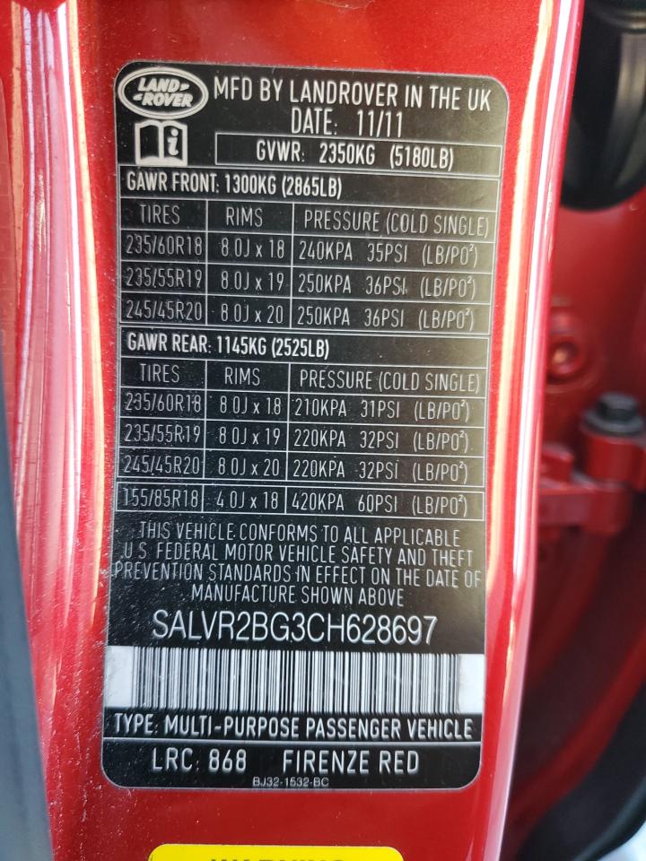 2012 Land Rover Range Rover Evoque Pure Premium VIN: SALVR2BG3CH628697 Lot: 87491115