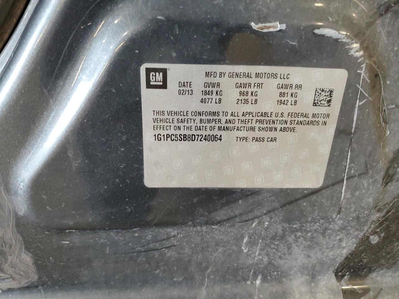 2013 Chevrolet Cruze Lt VIN: 1G1PC5SB8D7240064 Lot: 86840935