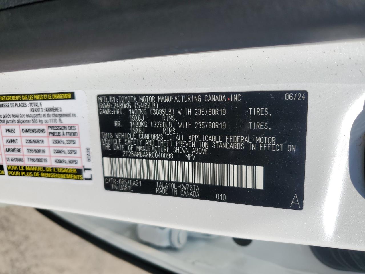 2024 Lexus Rx 350 Base VIN: 2T2BAMBA8RC040098 Lot: 84560125