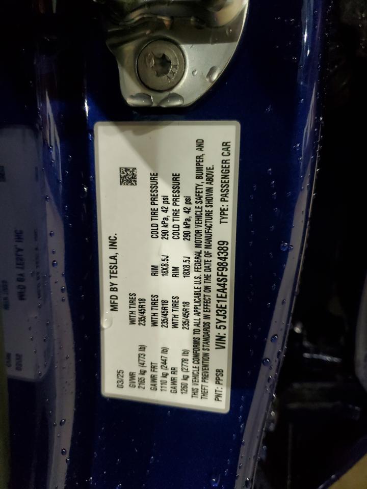 2025 Tesla Model 3 VIN: 5YJ3E1EA4SF984389 Lot: 87386155