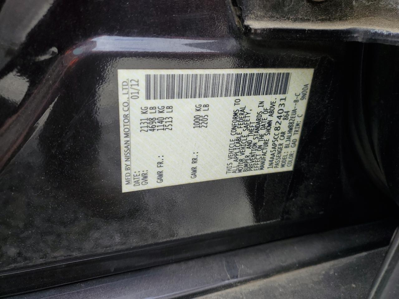 2012 Nissan Maxima S VIN: 1N4AA5AP5CC824031 Lot: 90327155