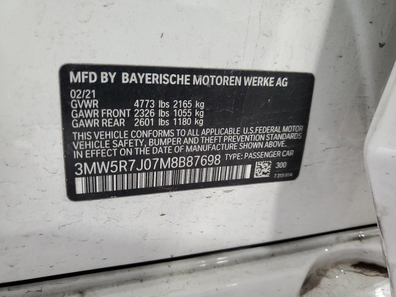 2021 BMW 330Xi VIN: 3MW5R7J07M8B87698 Lot: 82733395