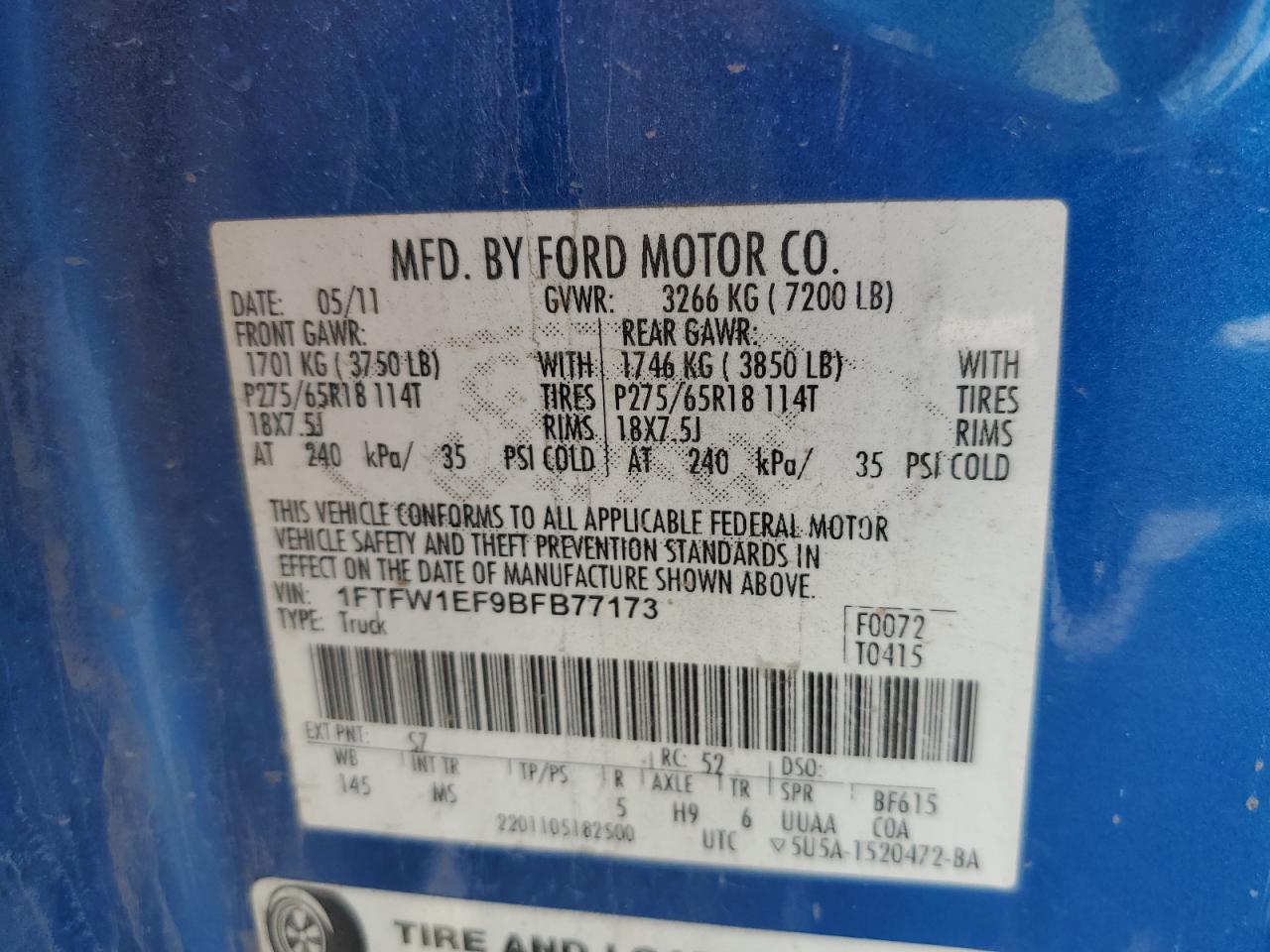 2011 Ford F150 Supercrew VIN: 1FTFW1EF9BFB77173 Lot: 86688735