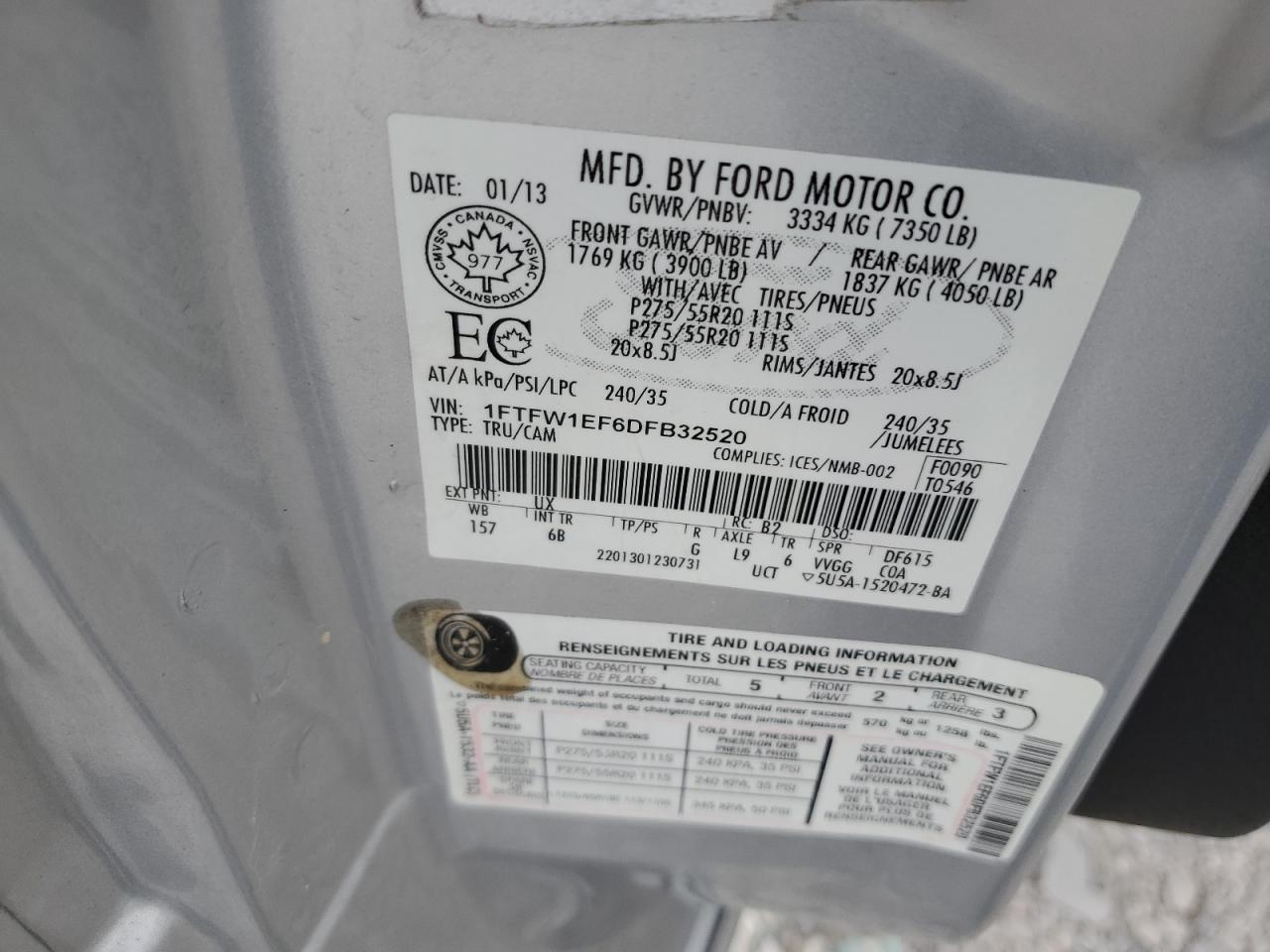 2013 Ford F150 Supercrew VIN: 1FTFW1EF6DFB32520 Lot: 82432035