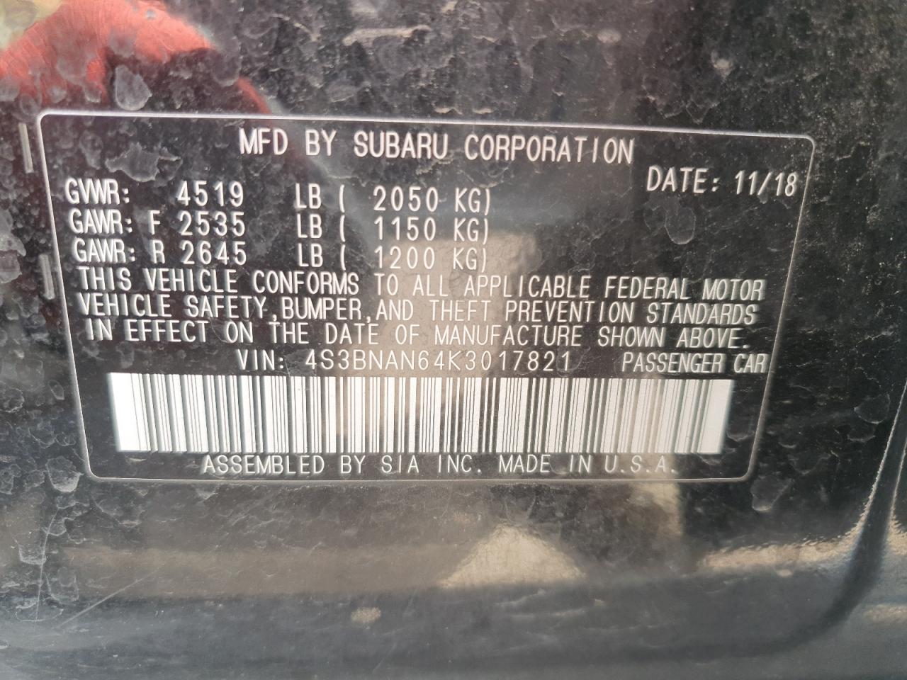 2019 Subaru Legacy 2.5I Limited VIN: 4S3BNAN64K3017821 Lot: 86337605