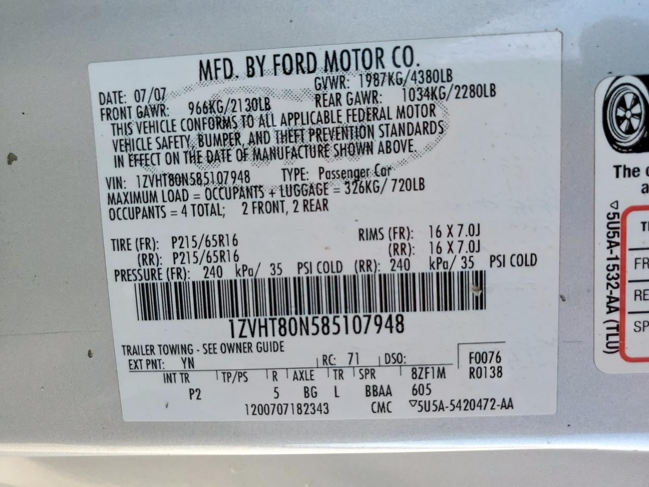 2008 Ford Mustang VIN: 1ZVHT80N585107948 Lot: 81829455