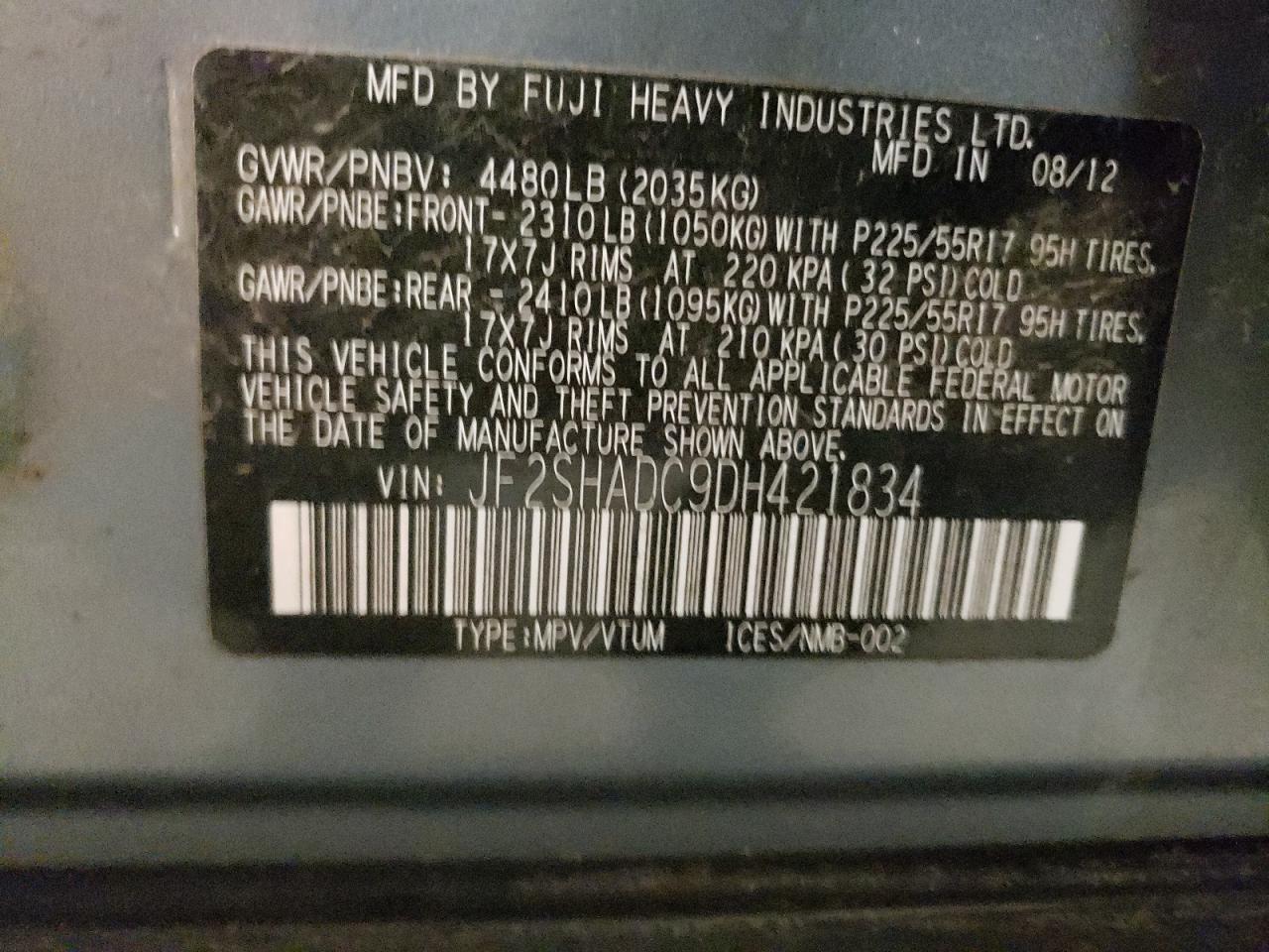 2013 Subaru Forester 2.5X Premium VIN: JF2SHADC9DH421834 Lot: 85344245