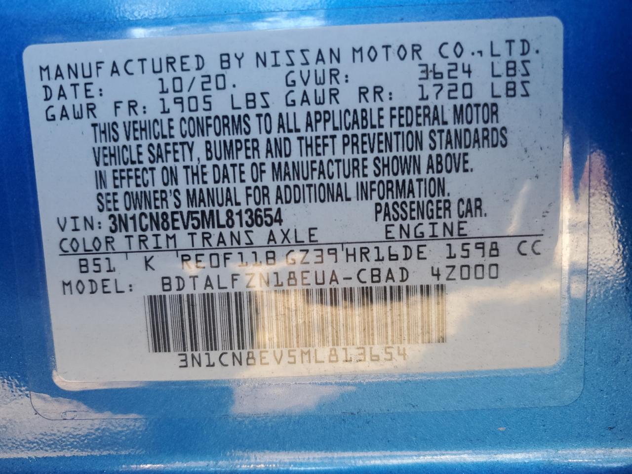 2021 Nissan Versa Sv VIN: 3N1CN8EV5ML813654 Lot: 82311575