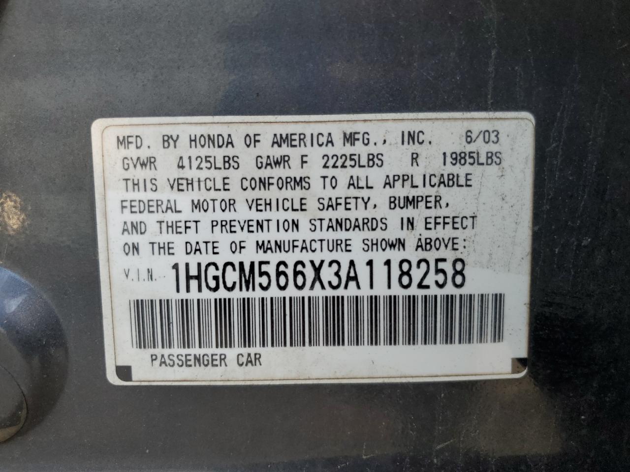 2003 Honda Accord Ex VIN: 1HGCM566X3A118258 Lot: 85345135