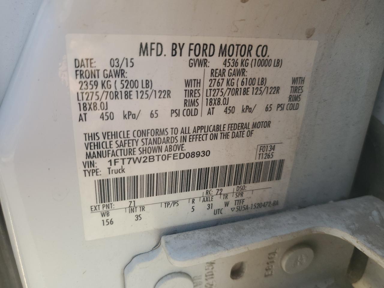 2015 Ford F250 Super Duty VIN: 1FT7W2BT0FED08930 Lot: 85836585