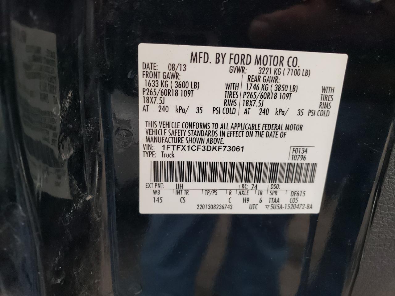 2013 Ford F150 Super Cab VIN: 1FTFX1CF3DKF73061 Lot: 85723515