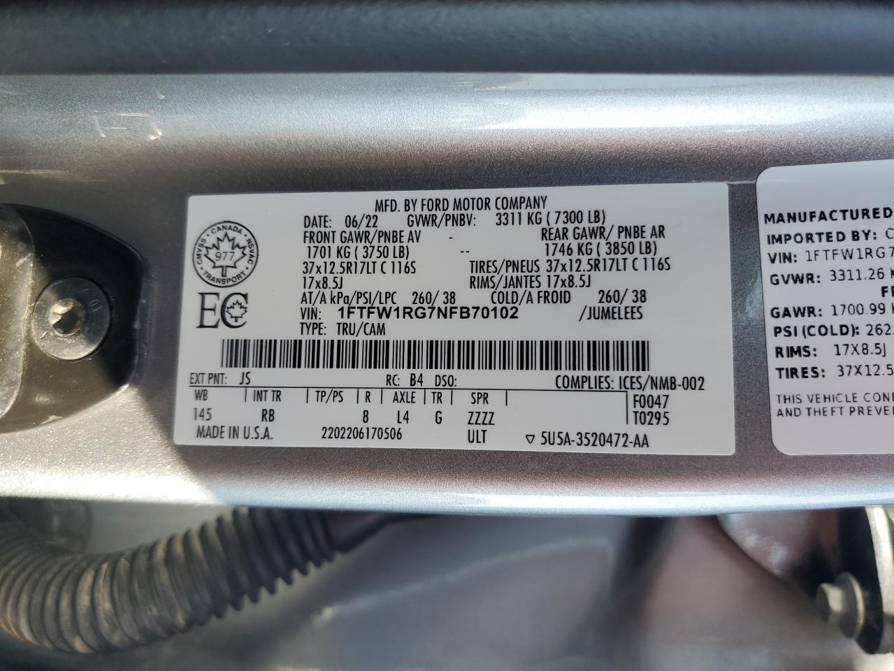 2022 Ford F150 Raptor VIN: 1FTFW1RG7NFB70102 Lot: 82665225