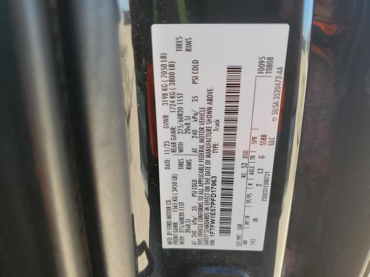 2023 Ford F150 Supercrew VIN: 1FTFW1E57PFD17963 Lot: 86782885