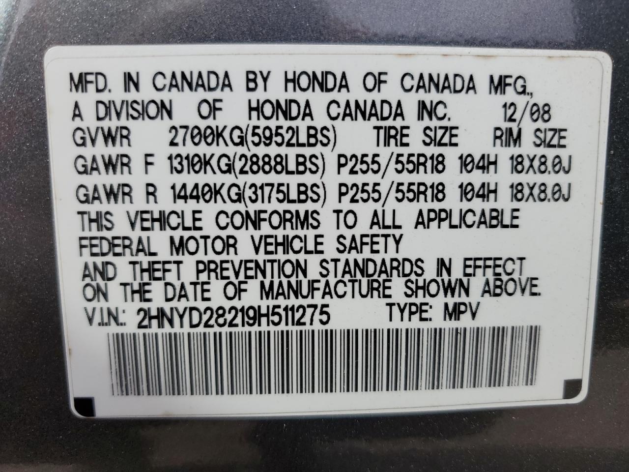 2009 Acura Mdx VIN: 2HNYD28219H511275 Lot: 90459975