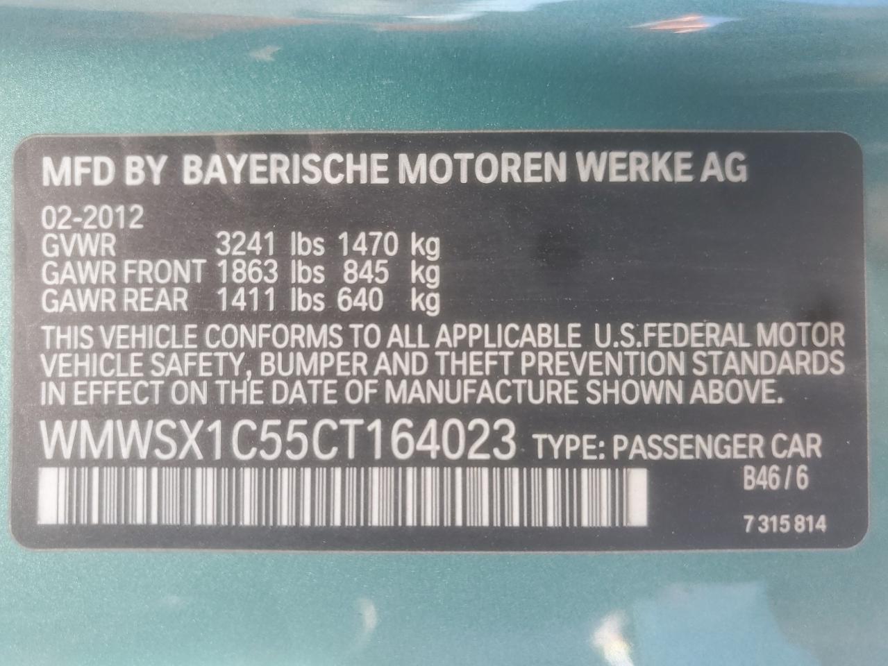 2012 Mini Cooper Coupe VIN: WMWSX1C55CT164023 Lot: 84996135