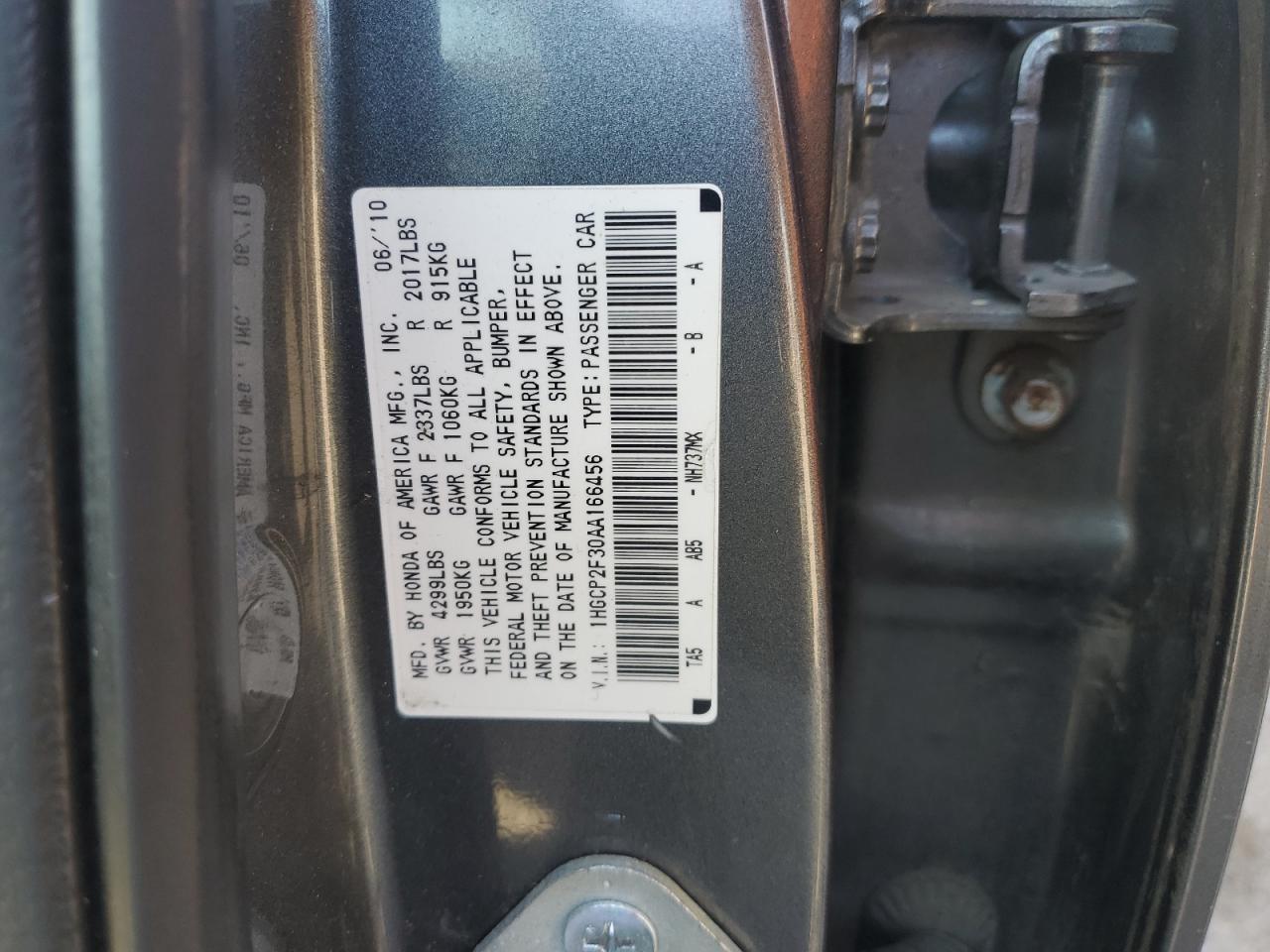 2010 Honda Accord Lx VIN: 1HGCP2F30AA166456 Lot: 85349005