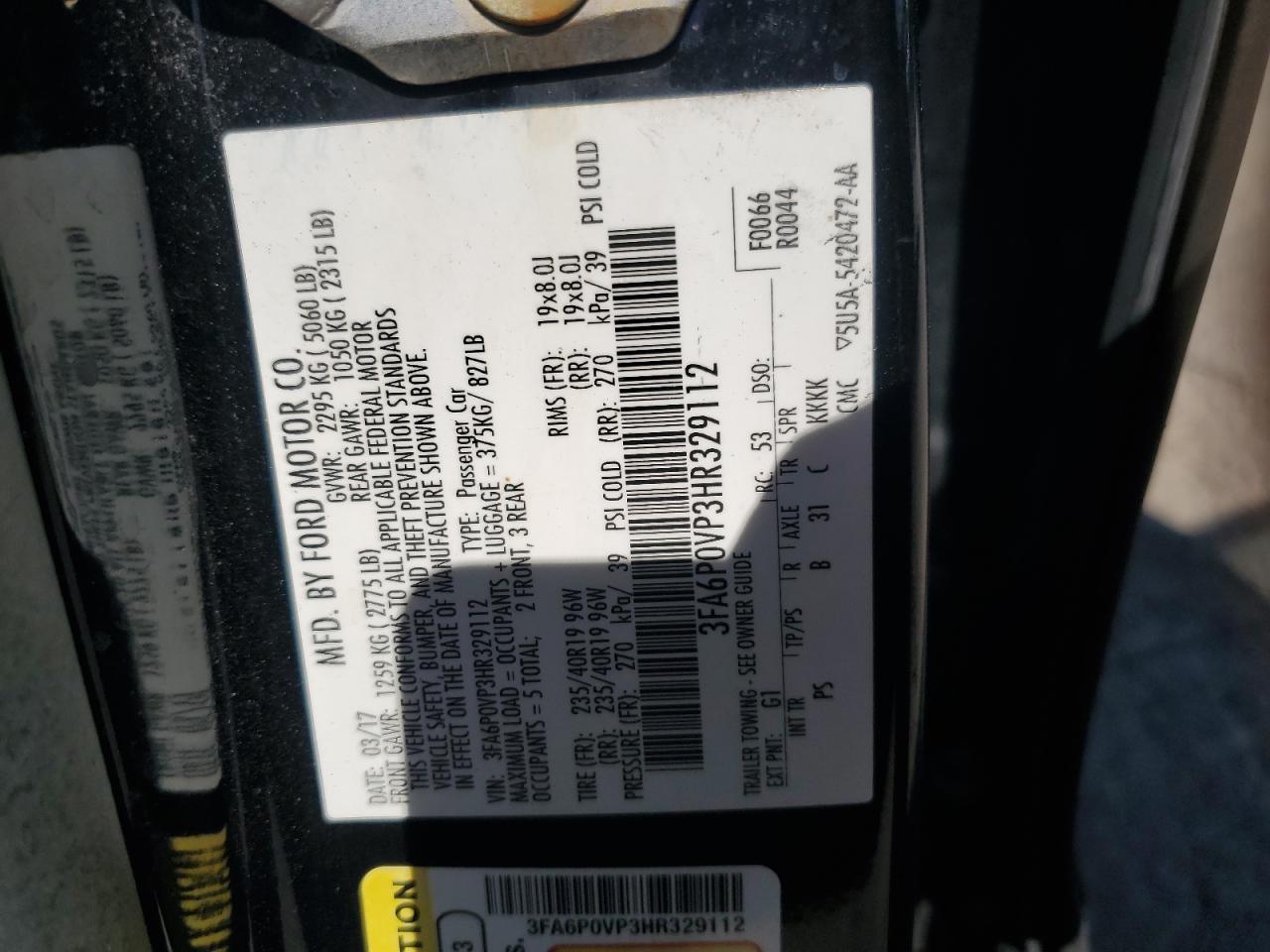 2017 Ford Fusion Sport VIN: 3FA6P0VP3HR329112 Lot: 84436885