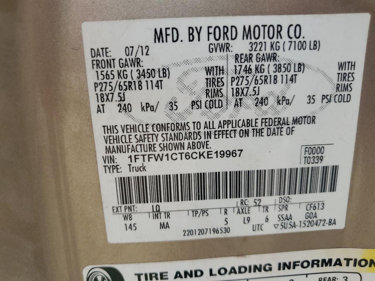 2012 Ford F150 Supercrew VIN: 1FTFW1CT6CKE19967 Lot: 84943945