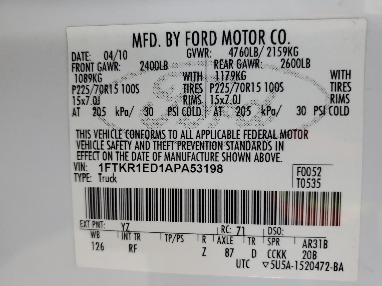 2010 Ford Ranger Super Cab VIN: 1FTKR1ED1APA53198 Lot: 84654765