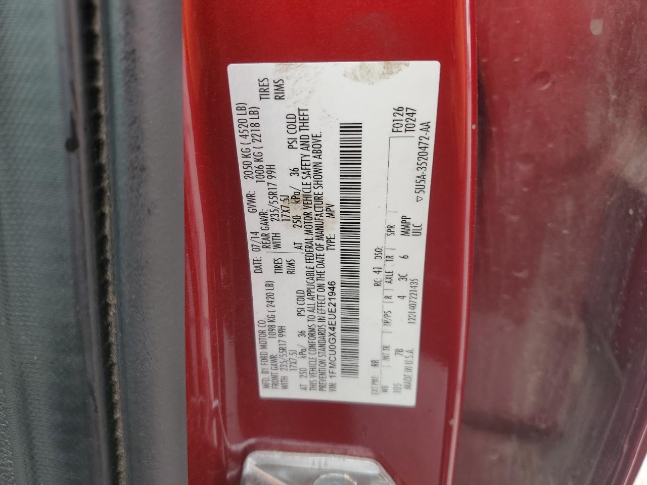 2014 Ford Escape Se VIN: 1FMCU0GX4EUE21946 Lot: 85479985