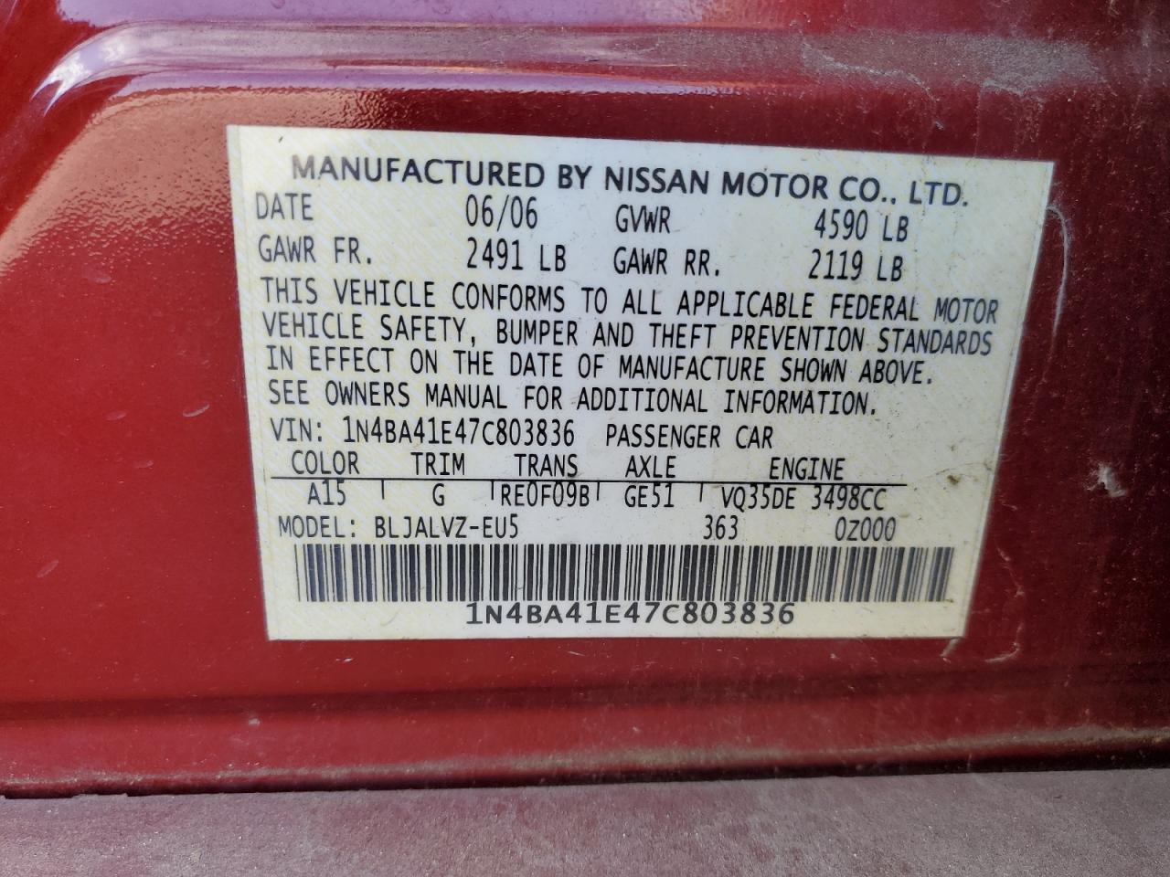 2007 Chev Equinox Ls VIN: 1N4BA41E47C803836 Lot: 85892205