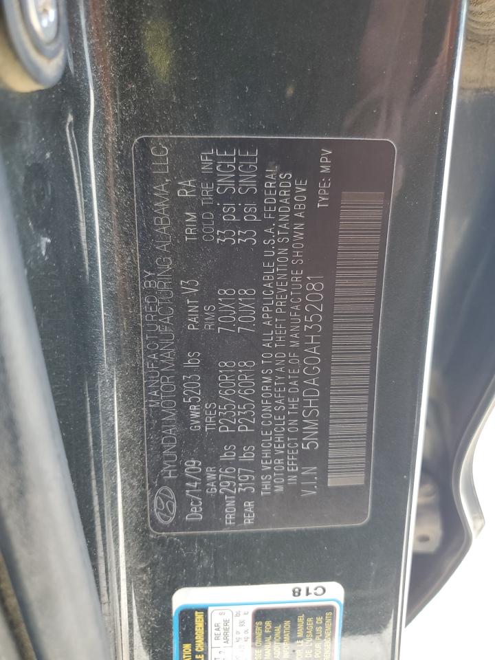 2010 Hyundai Santa Fe Se VIN: 5NMSHDAG0AH352081 Lot: 85747875