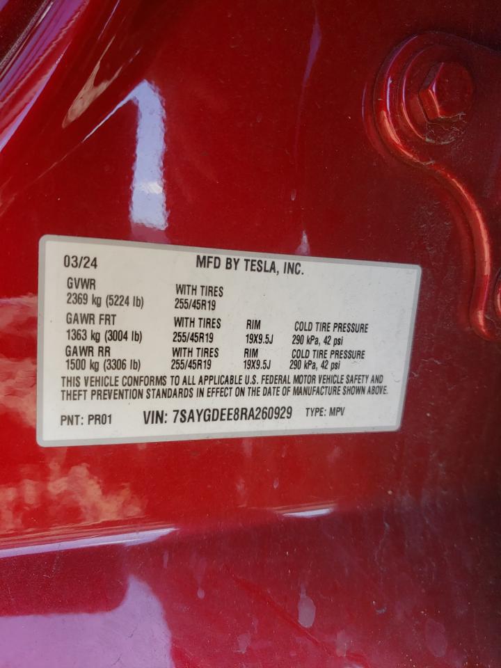 2024 Tesla Model Y VIN: 7SAYGDEE8RA260929 Lot: 90700865
