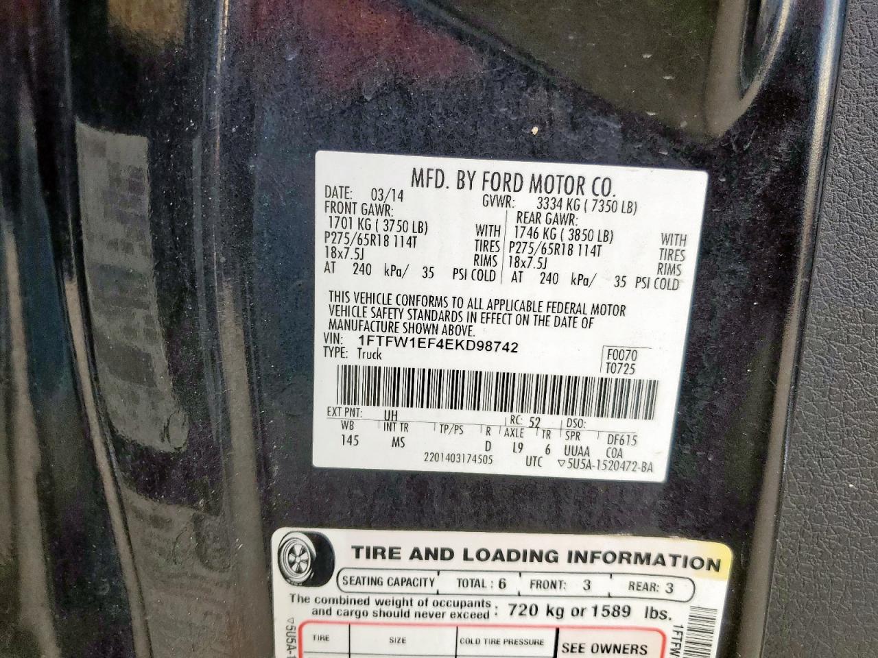 2014 Ford F150 Supercrew VIN: 1FTFW1EF4EKD98742 Lot: 84300195