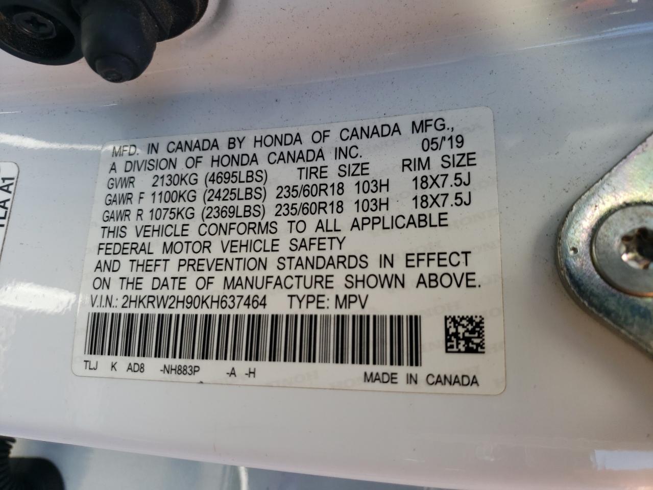 2019 Honda Cr-V Touring VIN: 2HKRW2H90KH637464 Lot: 85881375