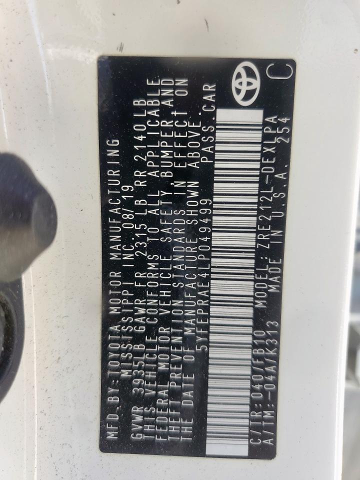 2020 Toyota Corolla Le VIN: 5YFEPRAE4LP049499 Lot: 85536565