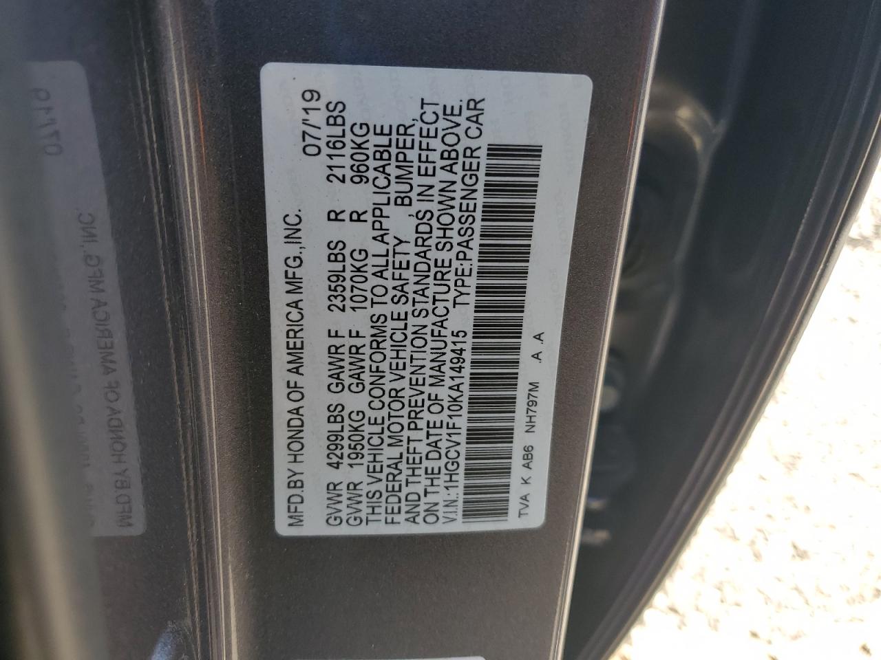 2019 Honda Accord Lx VIN: 1HGCV1F10KA149415 Lot: 81942265