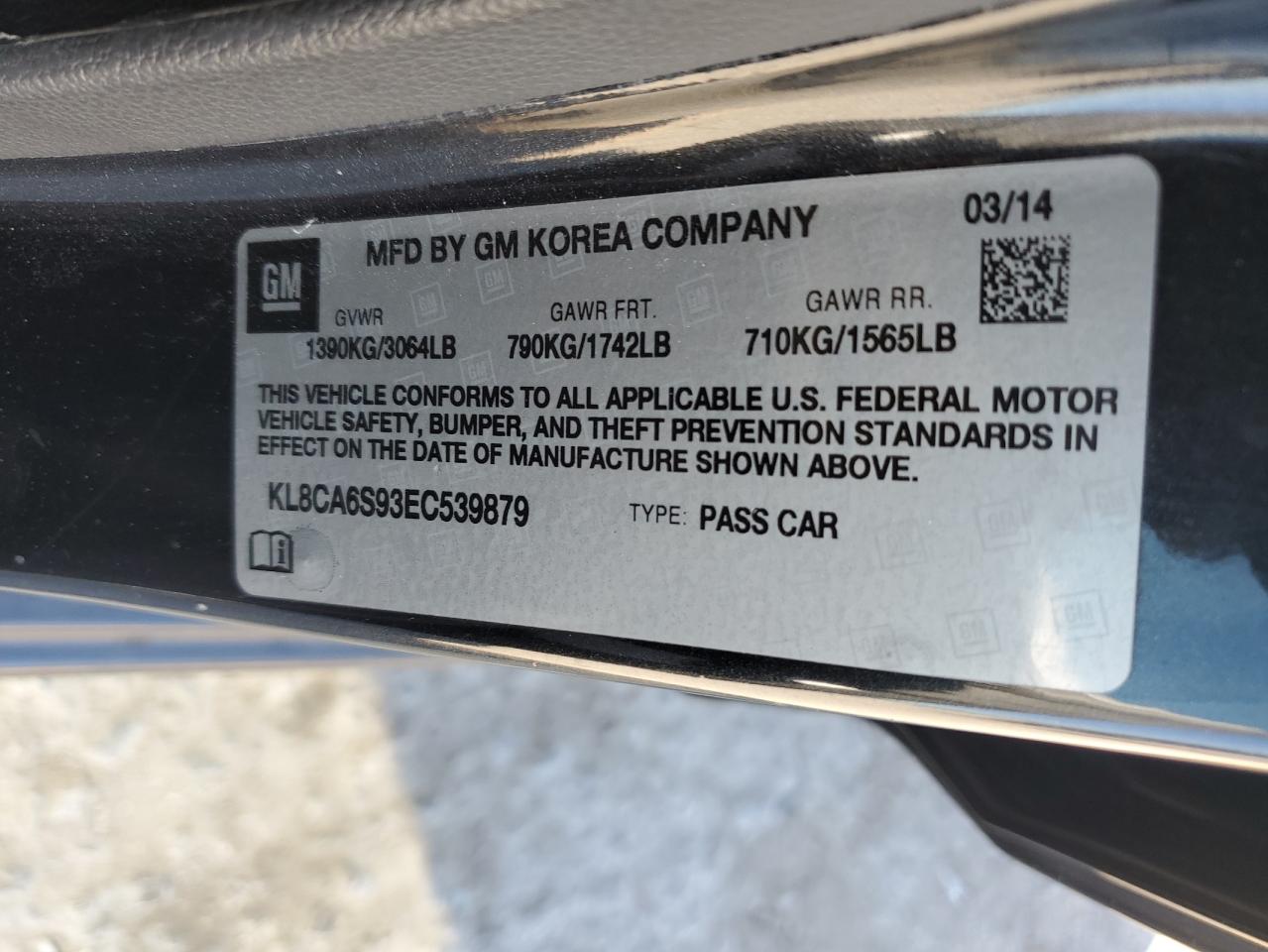 2014 Chevrolet Spark Ls VIN: KL8CA6S93EC539879 Lot: 89514885