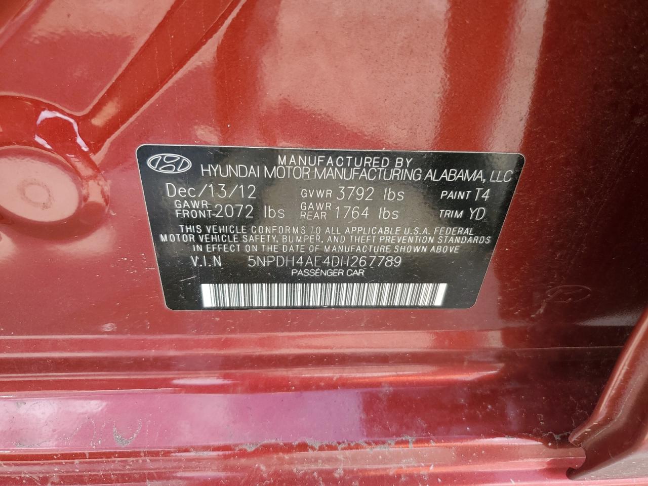 2013 Hyundai Elantra Gls VIN: 5NPDH4AE4DH267789 Lot: 85278915