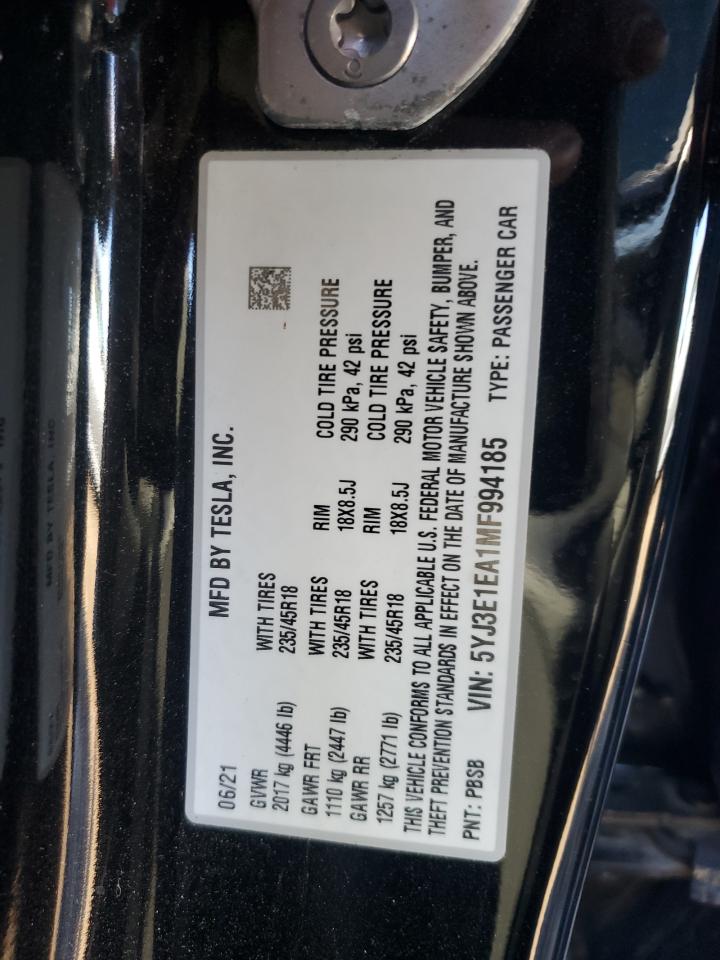 2021 Tesla Model 3 VIN: 5YJ3E1EA1MF994185 Lot: 89652785