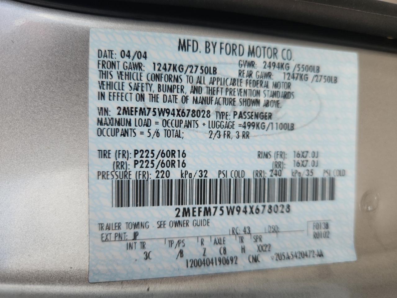 2004 Mercury Grand Marquis Ls VIN: 2MEFM75W94X678028 Lot: 82272475