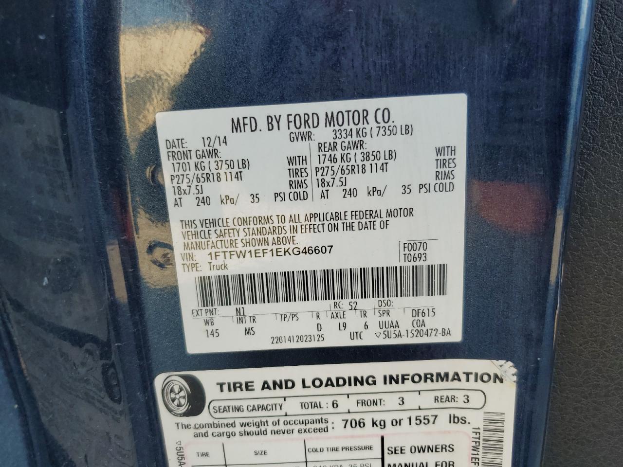 2014 Ford F150 Supercrew VIN: 1FTFW1EF1EKG46607 Lot: 82491375