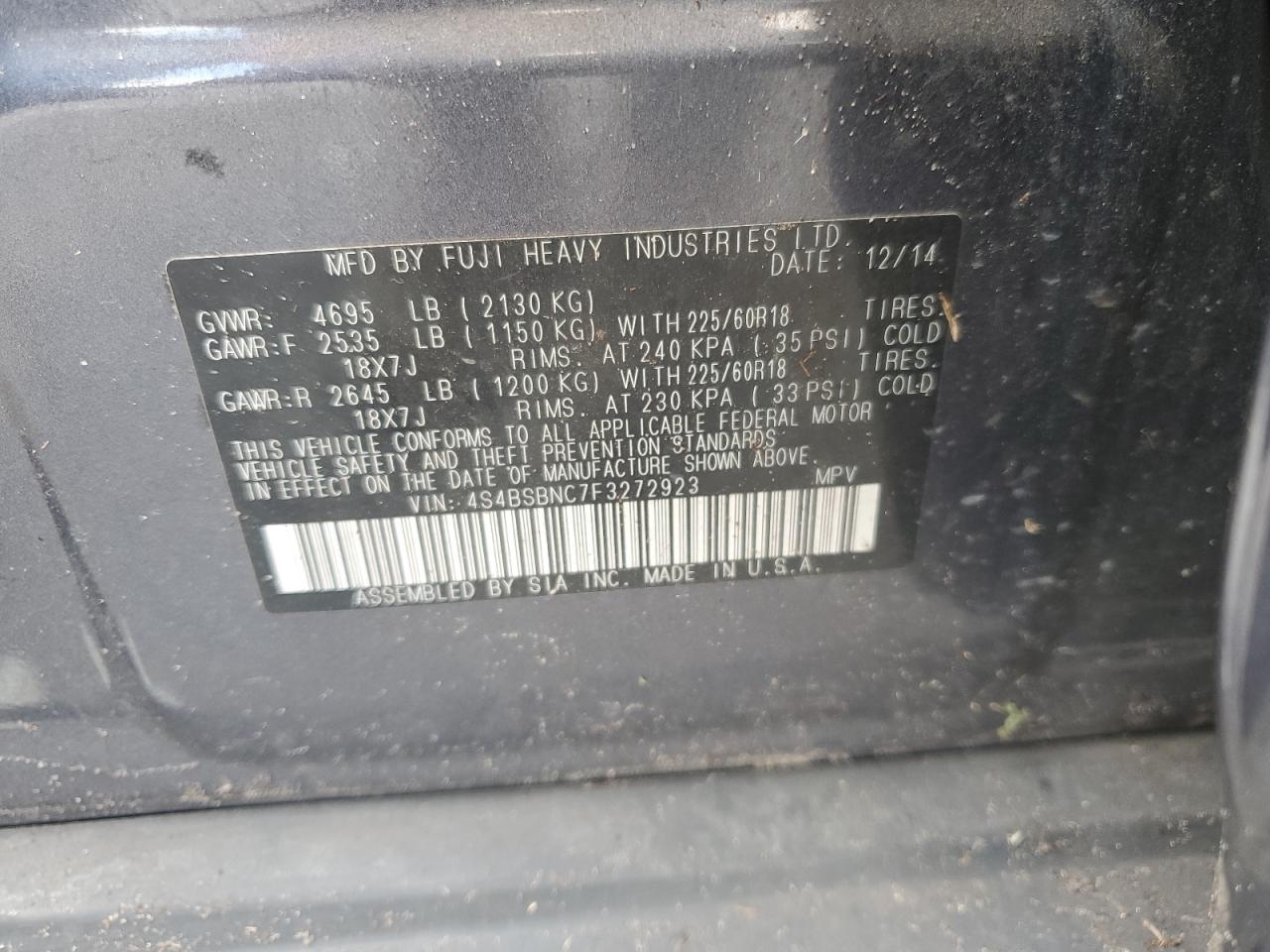 2015 Subaru Outback 2.5I Limited VIN: 4S4BSBNC7F3272923 Lot: 84789105