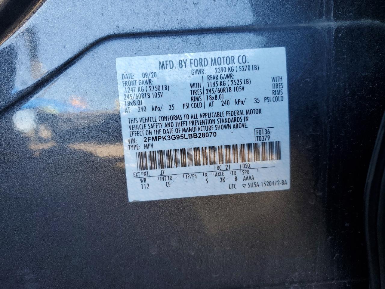 2020 Ford Edge Se VIN: 2FMPK3G95LBB28070 Lot: 90860865