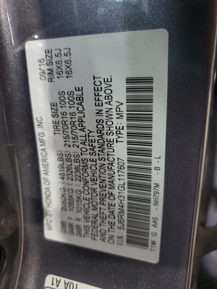 2016 Honda Cr-V Lx VIN: 5J6RM4H31GL117607 Lot: 85708345