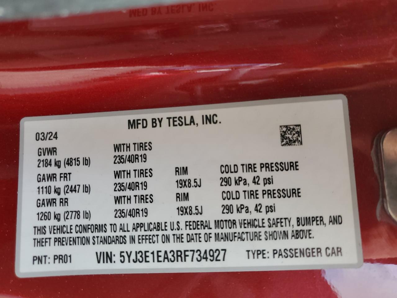 2024 Tesla Model 3 VIN: 5YJ3E1EA3RF734927 Lot: 85322725