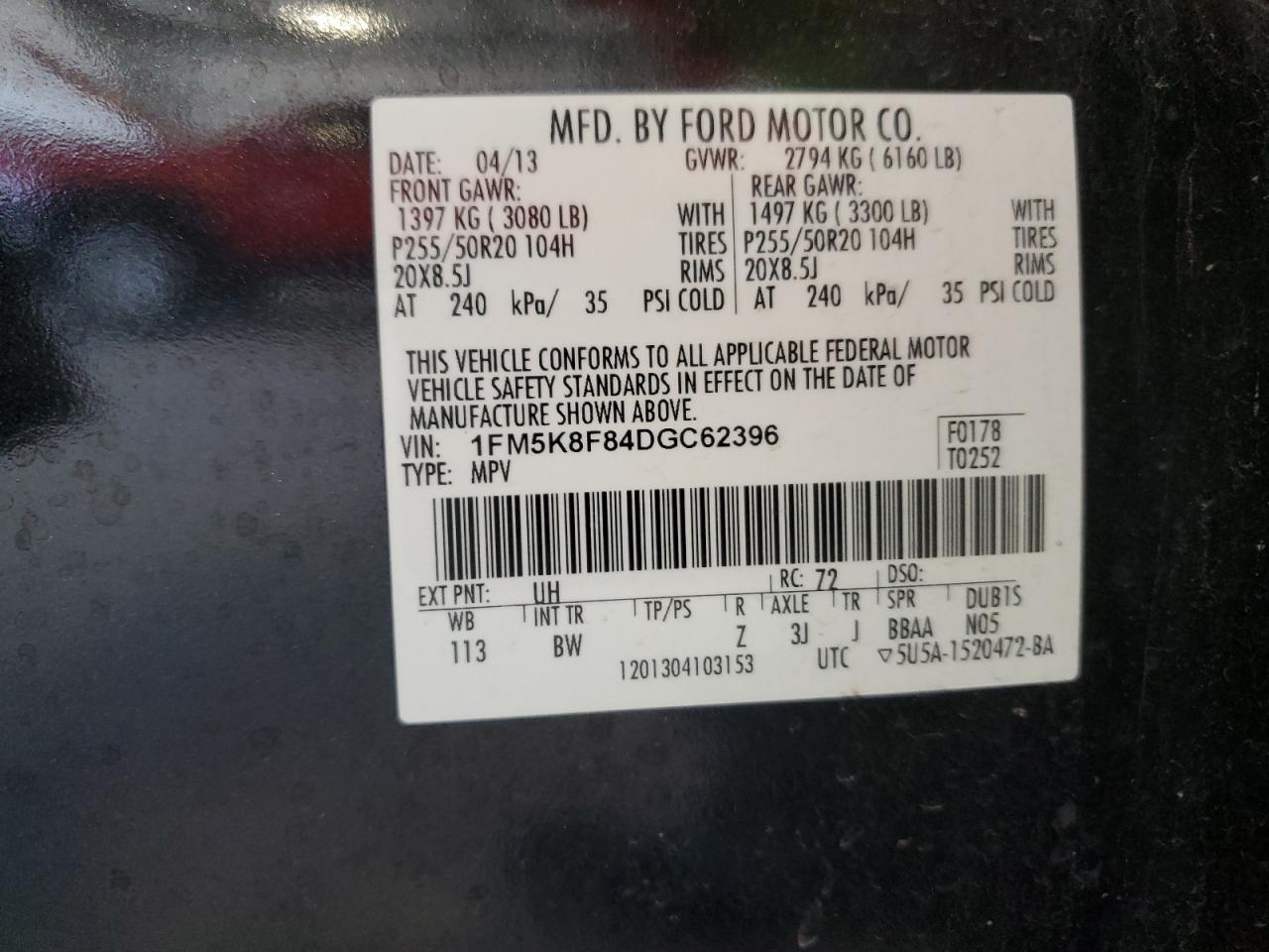 2013 Ford Explorer Limited VIN: 1FM5K8F84DGC62396 Lot: 85274095